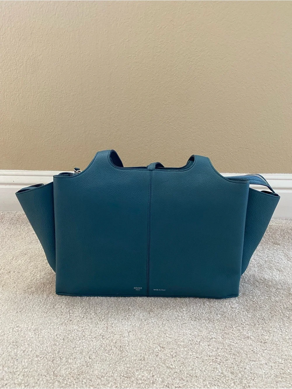 Celine Teal Blue Pebbled Leather Medium Trifold Tote